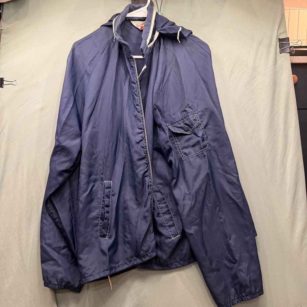 Vintage 70's Sears Blue Nylon Windbreaker Mens Large Full Zip Hooded Outerwear